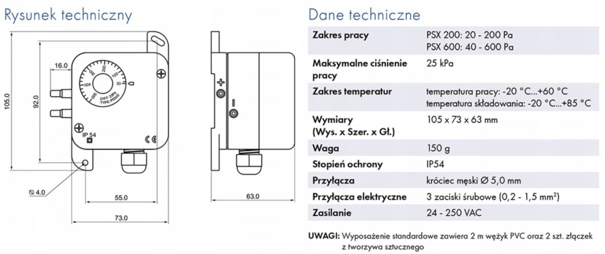 Pressure pressure switch for ventilation PSX 20-200Pa